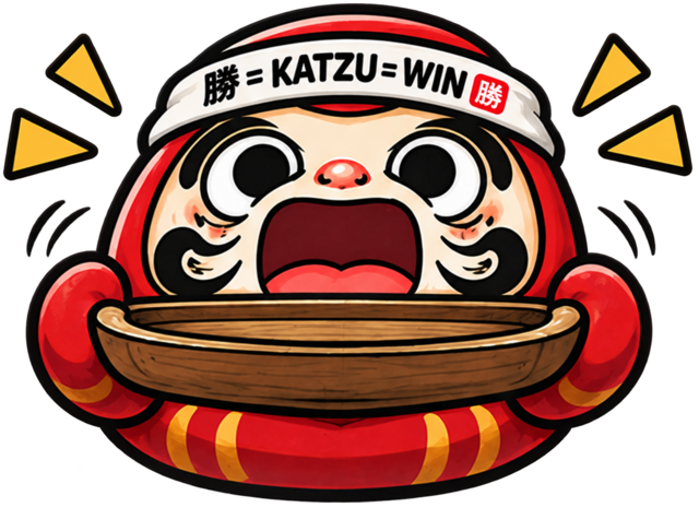 Katzu Daruma wearing a Victory headband with an open catching tray