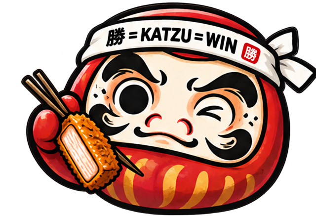 Katzu Daruma wearing a Victory headband and celebrating with crispy katsu