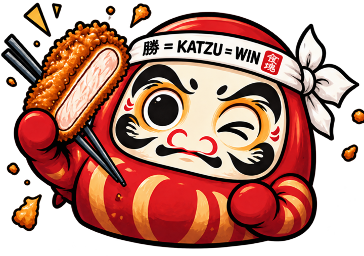 Katzu Daruma wearing a Victory headband and holding crispy katsu